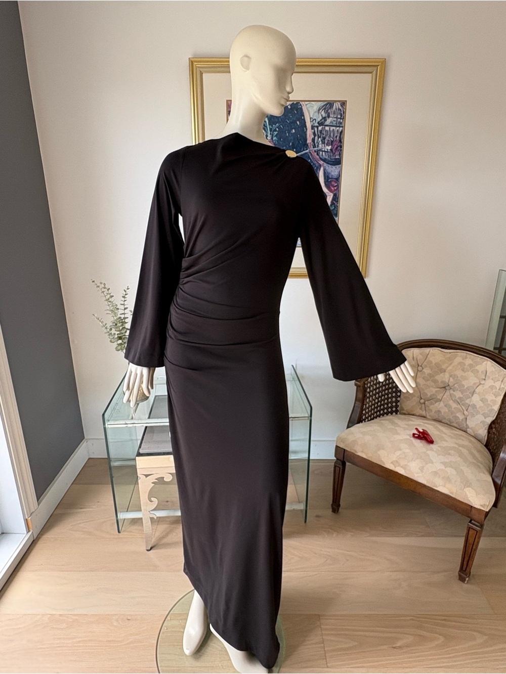 Inwear Elegant Black Long-Sleeve Ruched Maxi Dress